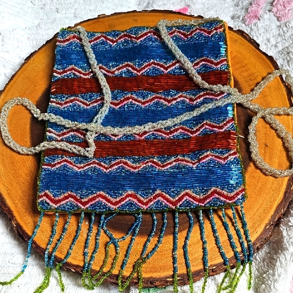 Handcrafted Beaded Women Bag - Blue and Red